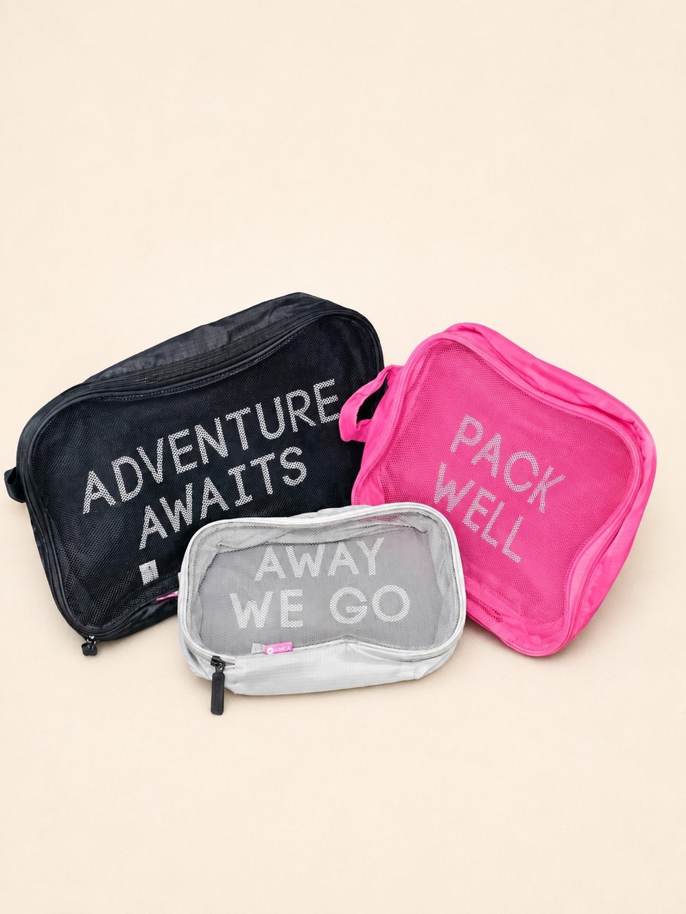 Miamica 3 Piece Travel Packing Cubes Luggage Organizer Set Pink Black Gray